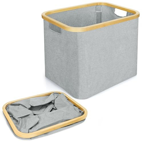 Belle Vous Foldable Laundry Storage Basket with Bamboo Frame - 44L Collapsible Organiser Bin - Multipurpose Space Saving Hamper for Clothes, Blankets, Toys and Washing - Portable Carry Handles