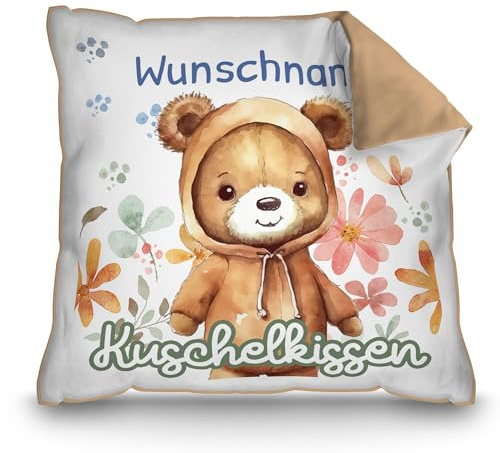 Print Royal PR Personalisiertes Kuschel-Kissen für Kinder mit Füllung - mit Name selbst gestalten - Bär Kissen für Mädchen und Jungs, Kinderkissen mit Name | 40 x 40 cm, Rückseite Mokka