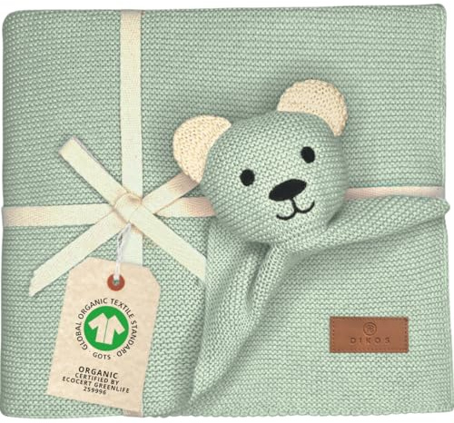 DIKOS Original 2-in-1 Babydecke & Kuscheltuch SCHMUSE-Bär – Bio-Baumwolle | Weiche Kuscheldecke & Baby-Decke für Neugeborene, 100% Bio-Baumwolle (GOTS & OEKO-TEX) – Babygeschenk zur Geburt (Mint)