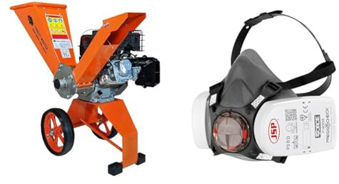 Forest Master FM6DD Wood Chipper 6hp Petrol Self-Feeding, Compact & Portable & JSP Force®8 Half-Mask with PressToCheck™ P3 Dust Filters, Size Medium