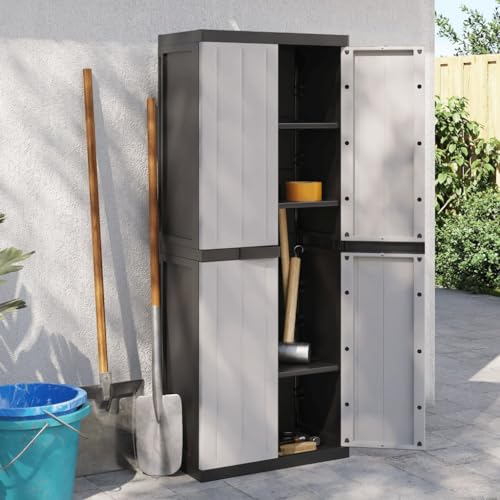 Homgoday Gartenschrank Werkzeugschrank Schrank mit Tür Balkonschrank Aufbewahrungsschrank Terrassenschrank Spindschrank Multifunktionsschrank Grau und Schwarz 65x37x165 cm Polypropylen