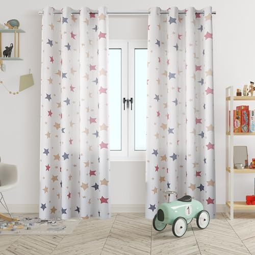 HOMEYA - Cortina Infantil 2 Unidades de 140 x 260 cm - Cortina con diseño Estrella, Deja parar la luz, Semiopaca para Habitación- 100% Poliéster