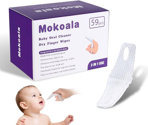 Mokoala Baby tandborste, tunga rengöringsservetter för barn tänder och tandkött, 59 engångsservetter för tandborste för barn för munvård