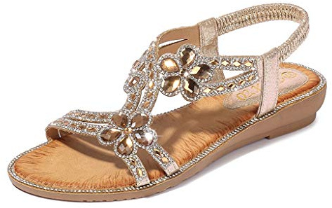 Sandales à paillettes Generisch pour femmes - Été - Confortables - Chaussures élégantes à talons plats - Argent - Pour mariage - Sandales avec élastique, bride arrière, T-strap - Chaussures de plage