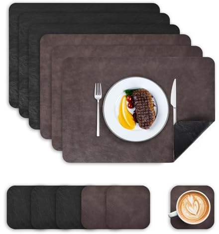 Wanfolle Tischsets Abwaschbar und Untersetzer 6er Set, Tischsets Leder Platzset Abwischbar Doppelseitigen Hitzebeständig Wasserdicht rutschfest Platzdeckchen Lederoptik (Dunkelbraun Schwarz)