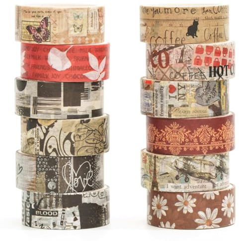 Songdao 12 rotoli Espressione artistica Washi Tape Set, Belle arti nastro Piante retrò adesivo decorativo per arti, pallottola di giornale, scrapbooking, fai da te, imballaggio (3 pezzi di notes)