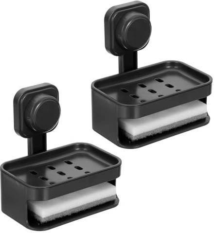 sourcing map Lot de 2 porte-savon à ventouse, amovibles et réutilisables, à double barre pour douche, porte-éponge sans perçage, pour salle de bain, cuisine, noir