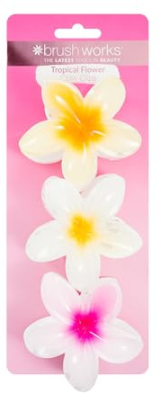 Brushworks Tropical Flower Claw Clips (3-Pack) – Glossy Floral Hair Clamps, Secure Grip for Thick & Thin Hair, Hawaiian Plumeria Flower Summer Hair Accessories for Women & Girls, Vegan & Cruelty-Free