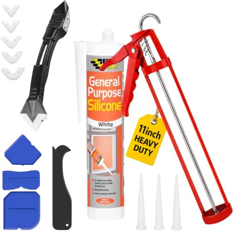 General Purpose | Bathroom Silicone Sealant White Anti Mould | Mastic & White Bathroom Sealant for Sink & Shower | 11 inch Heavy Duty Silicone Gun & Caulking tools