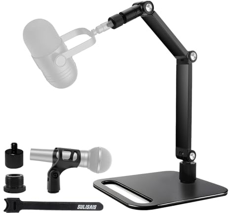 SULISAIS Studio Mic Stand, Desktop Microphone Stand, Mic Arm Desk Mount with 1/4-3/8-5/8 Adapter, Adjustable Mic Mount for Blue Yeti Hyperx Quadcast SoloCast, Webcams