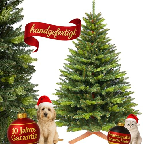 Premium Weihnachtsbaum künstlich-10 Jahre GARANTIE-220cm-handgefertigt Naturgetreu dichte Zweige Weihnachtsbaum mit massivem Echtholzständer–Tannenbaum künstlich Christbaum mit Spritzgusselementen