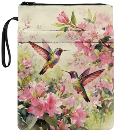 Poceacles bokfodral med fickor tvättbart tyg pocketbok bokomslag fodral skydd med dragkedja för inbunden lärobok, 29 x 22 cm, azalea blomma kolibri