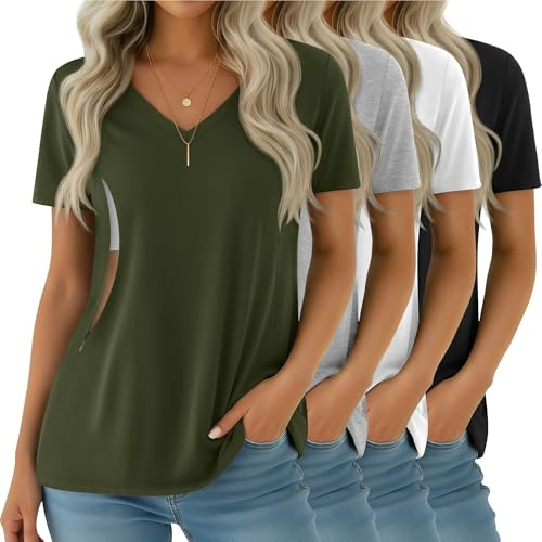 Velvelhall 4 Pack Women's Nursing Shirts for Breastfeeding with Hidden Zipper V Neck Short Sleeve Loose Fit Maternity Tops(Black, White, Light Gray, Army Green,Large)