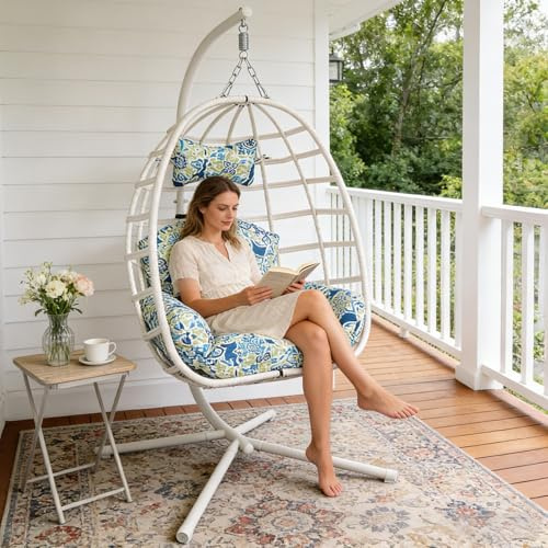 Egg Chair Outdoor with Stand, Indoor Wicker Hanging Egg Swing Chair with Cushion & Headrest, 350lbs Capacity for Patio, Bedroom (White Frame + Floral Cushion)