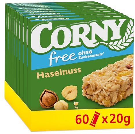 60 x Corny Free Hazelnut Müsliriegel 60x20g = 1200g | Super Snack für Schule, Büro, Freizeit & zwischendurch| Wertvolles Getreide | Ohne Farb- & Konservierungsstoffe | Vorratspack