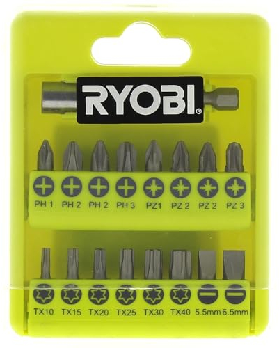 Ryobi – Coffret RAK17SD 17 accessoires de vissage – Embouts Philips, Pozidriv, Plat, Torx – Porte-embouts 60 mm inclus – Compatible perceuse & visseuse – Boîte cristal compacte & pratique