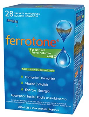 FERROTONE - Eau Riche en Fer Naturel - Saveur Pomme & Vitamine C - Réduit Fatigue, Booste Énergie & Immunité - Doux pour l’Estomac - Vegan - 28 Sachets Monodoses Pratiques 25 ml