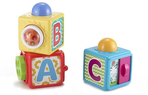 FISHER-PRICE Stacking Action Blocks - Spielwürfel mit Buchstaben, Zahlen, Guck-Guck-Spaß und lustigen Aktionen, inklusive Drehrolle, Drehrad mit Perlen und Klickrad, DHW15