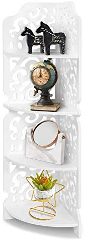 Corner Shelf Unit, 4 Tiers Wall Mounted Corner Display Shelf Shelves Storage Organiser Bookcase Stand Display Cosmetic Storage Rack White Carved Dampproof Shelving Unit Bathroom 80cm* 18cm *22cm