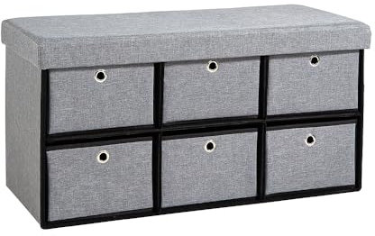Home Source Folding Ottoman 6 Drawer Fabric Storage Chest, Grey, 76cm