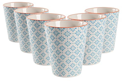 Nicola Spring Hand-Printed Tumbler - 300ml - Blue - Pack of 6 - No Handle Hot Chocolate Cups Breakfast Tea & Coffee Mugs for Kitchens, Cafes & Restaurants
