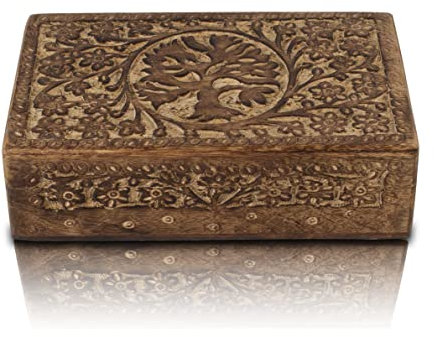 Great Birthday Gift Handmade Decorative Wooden Jewelry Box With Tree Of Life Carving Jewelry Organizer Keepsake Box Treasure Chest Trinket Holder Watch Box Storage Box Housewarming Gifts (Natural)
