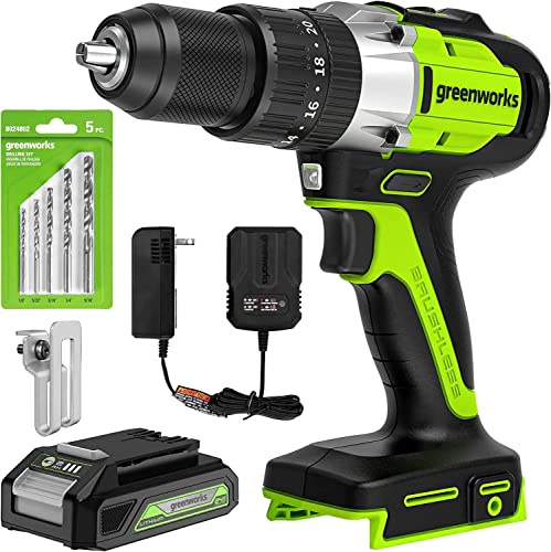Greenworks 24V Brushless 1/2 Hammer Drill (Metal Chuck / 530 in.-lbs. / 20+3 Clutch / LED Light) + 5 PC Drill Bits, 2.0Ah Battery and Charger Included