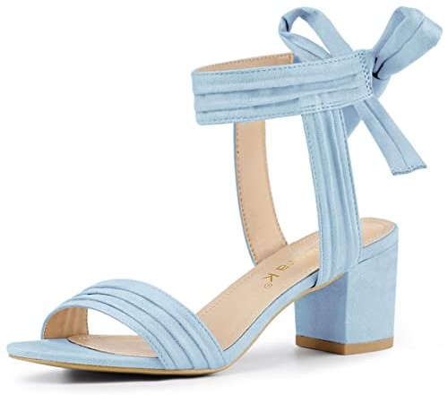 Allegra K Women's Open Toe Ankle Tie Back Block Heels Sandals | 2 3/8 inches Bow Heels for Women, Comfortable Chunky heel, Lace-up Closure, Summer Dressy Shoes