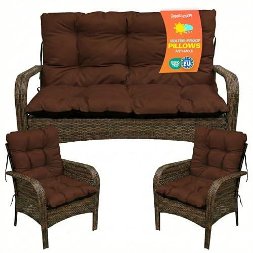 SuperKissen24. Sitzkissen Bankkissen Bankauflage - 180x50 cm und Rückenlehne 180x60 cm mit 2er 48x96 cm Stuhlkissen Set - Outdoor und Indoor - Braun