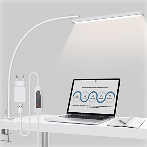 BIENSER LED-Schreibtischlampe, 14 W, flexible Architekten-Tischlampe mit Klemme, 10 Helligkeitsstufen x 5 Farbmodi, verstellbare Tischlampe, Augenschutz, 5 V/2 A, CE-Adapter enthalten