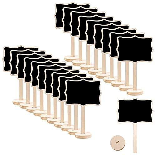 Pamtns 20 Pieces Mini Tableau Noir Ardoise Craie Bois Portable Petit Ardoise avec Support Panneaux à Message Marque Place Mini Tableau Bois Board Signes pour L'école Mariage Fête Etiquette Prix
