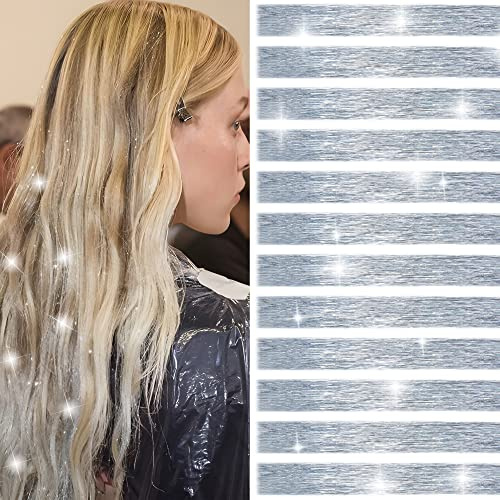 SEGO Haarverlängerungen Glitzer Haarsträhnen Bunte Haar Lametta Glitzersträhnen für Haare Farbige Haarteil 12 Stücke 120cm (1 Häkelnadel+ 50 Microringen) Siber