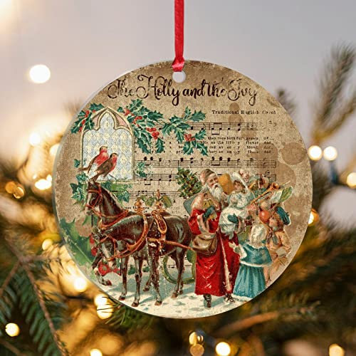Antike Acryl-Weihnachtsdekoration, Weihnachtsmann, Kinder, Kutsche, Weihnachten, rund, Notenblatt, Urlaub, Weihnachten, 7,6 cm, mit Loch, Ornament, Geschenke für Mutter, Vater, Eltern, Paar, Freund,
