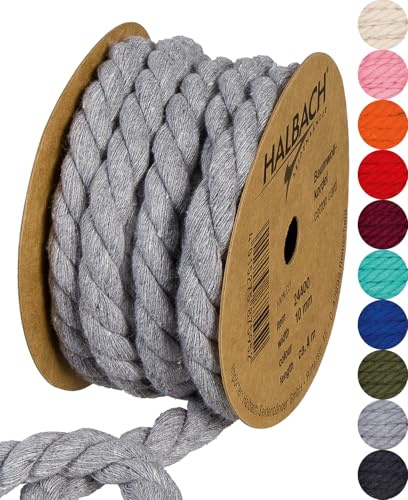 Halbach Seidenbänder Cordón de algodón Reciclado, Ancho: 10 mm/Longitud 4 m, Hilo de algodón sostenible para macramé, cordón Natural para Manualidades, Color: Gris