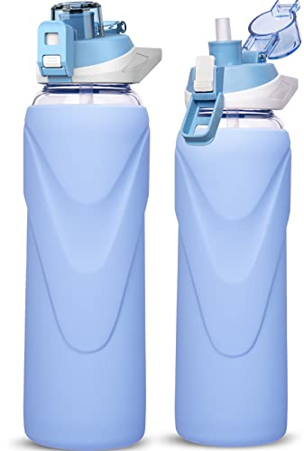 DEARRAY 1l / 1 litre Sports Glass Water Bottle with Straw & Silicone Sleeve Large Reusable BPA-free Glass Drinking Bottle with Flip Top Lid for Gym, Travel, Hiking