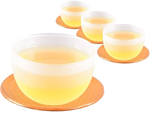 tea4chill 4 x Teetasse Glas mit Untertasse aus Gusseisen in hellorange, 120ml gefrostet. Traditionelles asiatisches Set Teebecher Glas mit Untertasse. Ideal Ergänzung für Gusseisen Teekanne.