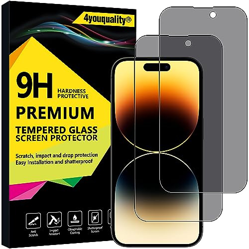 4youquality Protezione dello schermo privacy per iPhone 14 Pro, in vetro temperato | Protezione della privacy anti-spia, confezione da 2, durezza 9H, resistente agli urti, antigraffio, anti-rottura