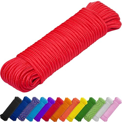 TECEUM Seil - 27.5M x 7.5mm Rosso - Corda multiuso da campeggio | Lavoretti, pennone, interni ed esterni - Corda intrecciata a rombi in polipropilene e nylon, leggera, resistente ai raggi UV