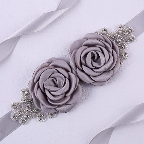 SYSUII Kristall Strass Damen Gürtel Hochzeit Satin Schärpe Brautgürtel 270cm Braut Gürtel Rose Blume Hochzeit Party Brautjungfer Kleid Gürtel Taillengürtel Hüftgurt Hochzeitskleid Kleid Zubehör-Grau