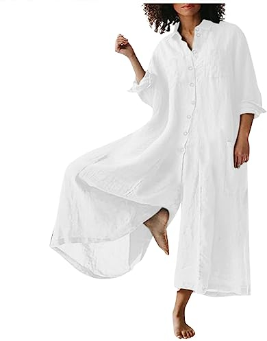 RMBLYfeiye Jumpsuit Damen Lang Rundhals Einfarbiges Leinen Mit Taschen Weites Bein Latzhose Kurzarm Sommer Lose Oversized Overall Trägerhose Arbeitslatzhose