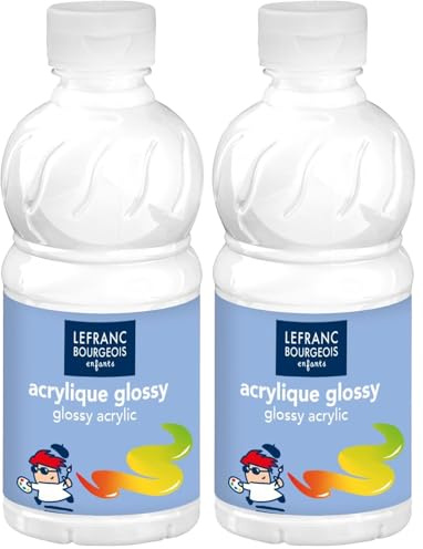 Lefranc & Bourgeois 807540 Glossy Kinder - Acrylfarbe, gebrauchsfertige flüssige Acrylfarbe, glänzend und wasserfest, Ideal auf Papier, Karton, Holz, Gips, Metall, 250ml Flasche - Weiß, Packung mit 2