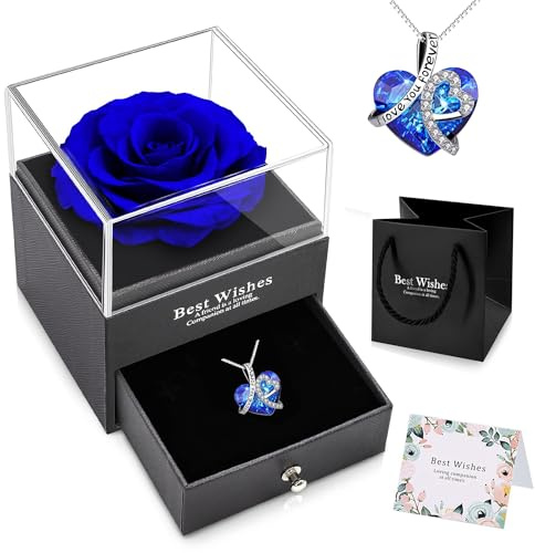 NEWUPZSI Rose Eterne con Collana Cuore di Diamanti, Scatola Rosa Conservata Rosa Eterna Vera con ciondolo zaffiro blu argento San Valentino Festa Della Mamma Anniversario Matrimonio per Lei