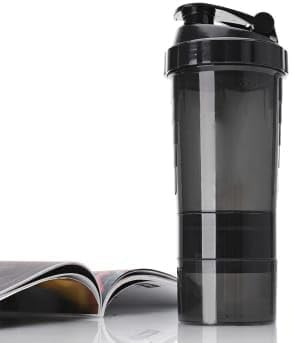 Black Protein Shake Bottle - 500ml - Leak Proof - Black Sports Water Bottle - Protein Powder Bottle Shaker - Pill Tray with Three Twist-Off Storage Compartments