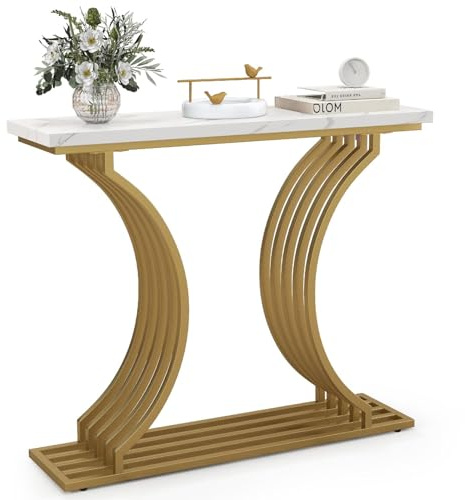 LIFEZEAL Tavolo Consolle Ingresso Oro, Console Dorata, Effetto di Marmo, Alto, Stretto, Salvaspazio, Moderno, Telaio in Metallo, Corridoio, Entrata, Antiribaltamento, Max50kg, 100x29,5x80,5cm, Bianco