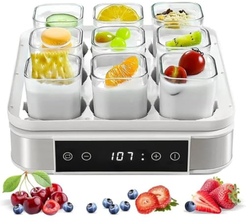 JODAIS Macchina per Yogurt Natto, Yogurtiera Automatica con Controllo della Temperatura e del Tempo Regolabili, Barattoli di Vetro da 9 Pezzi, per la Generazione Uniforme di Calore,