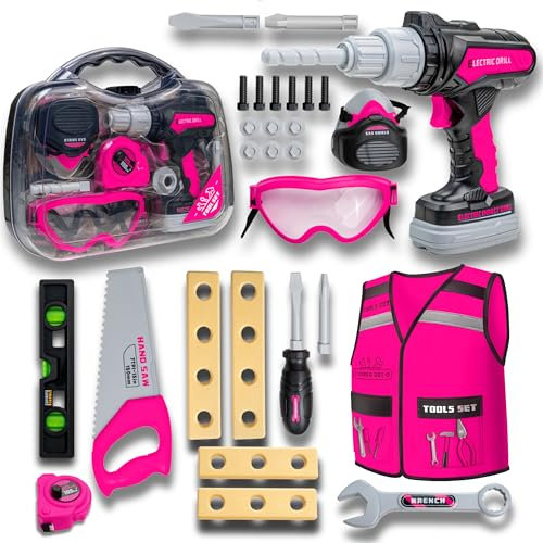 Kids Tool Set with Carrying Case, Electronic Toy Drill with Bits & Construction Vest – Pretend Play Kit with Safety Googles, Gas Shield, Tape Measure, Saw, Bubble Level, Screwdriver, Nuts & Bolts