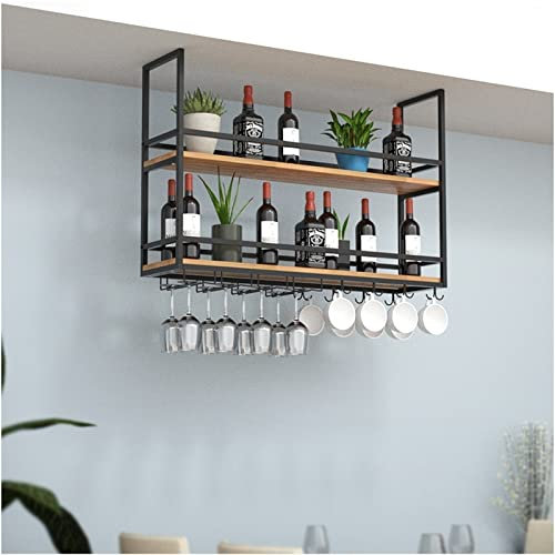 Portabicchieri da vino sospeso,Portabottiglie da vino sospeso - Mensole a soffitto, Portabicchieri da vino in legno massello montato a parete, Portapiante/Portaoggetti in ferro nero, Mensole sospese f