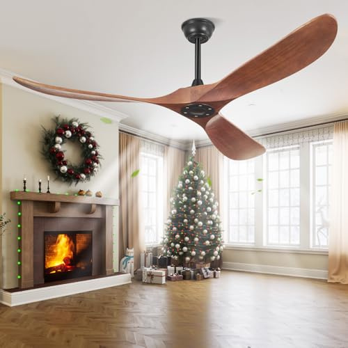 Ventilatori da soffitto da 52 pollici senza luci, ventilatore da soffitto per interni ed esterni senza luce, 3 pale in legno massello, 3 Downrods, timer, motore DC silenzioso,