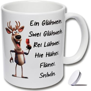 Lustige Tasse mit Deckel und Rentier Ein Glühwein. Swei Glühweih ... Glühweintasse Weihnachten, Tasse Büro, Tasse mit Weihnachtsmotiv (B: Weiße Tasse inkl. weißem Tassendeckel)