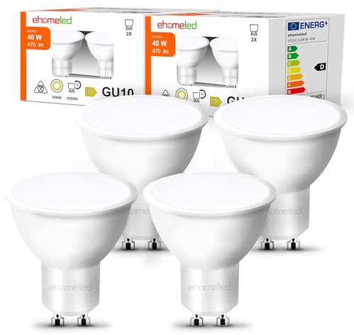 ehomeled Lampadine LED GU10 luce calda (3000K), 470 lumen, sostituisce 50W alogena, risparmio energetico, luce inondazione 120°, ideale per soggiorno, cucina & ingresso, non dimmerabile, 4 pezzi